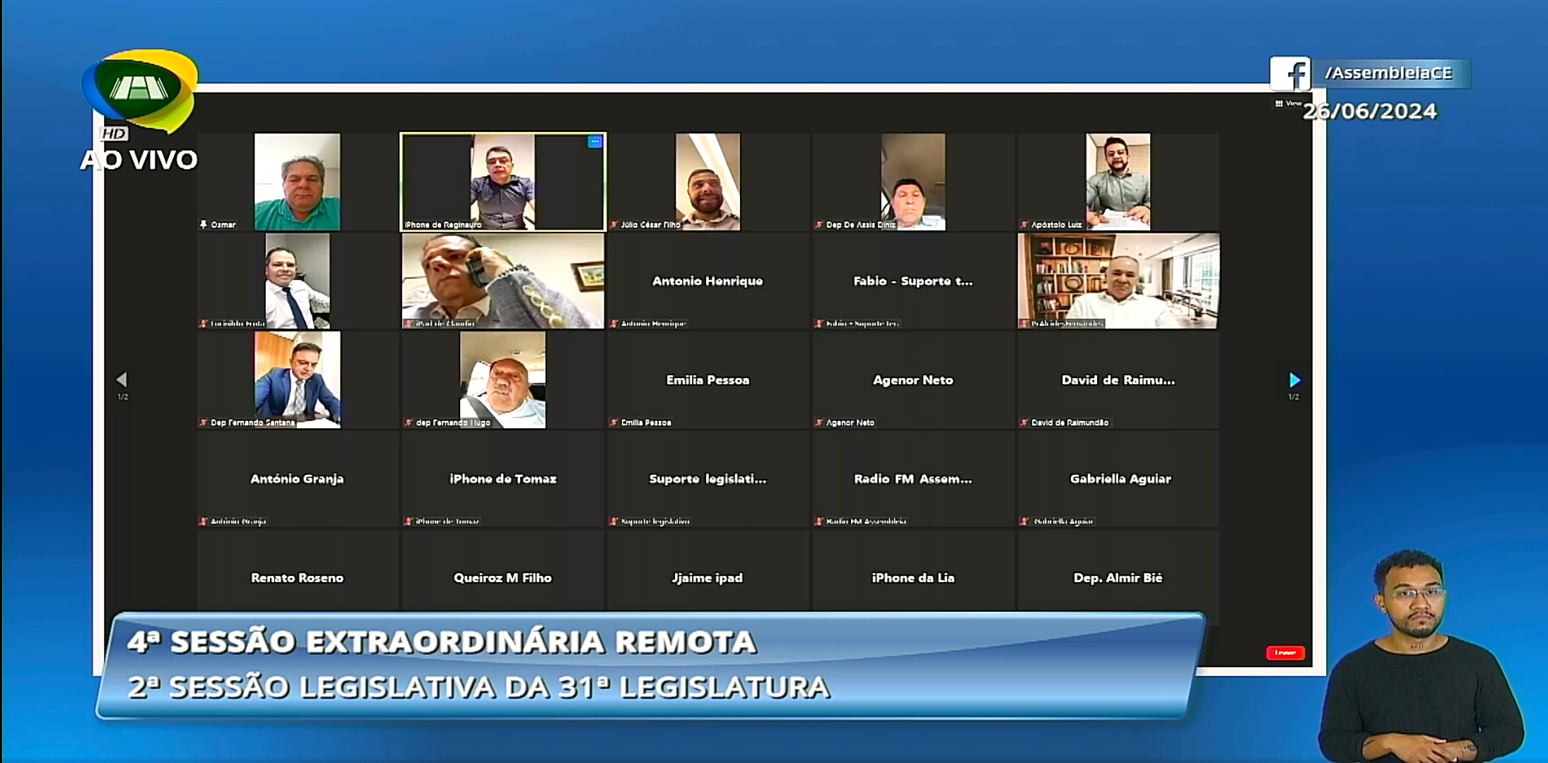 Abertura dos trabalhos da sessão legislativa remota desta quarta-feira