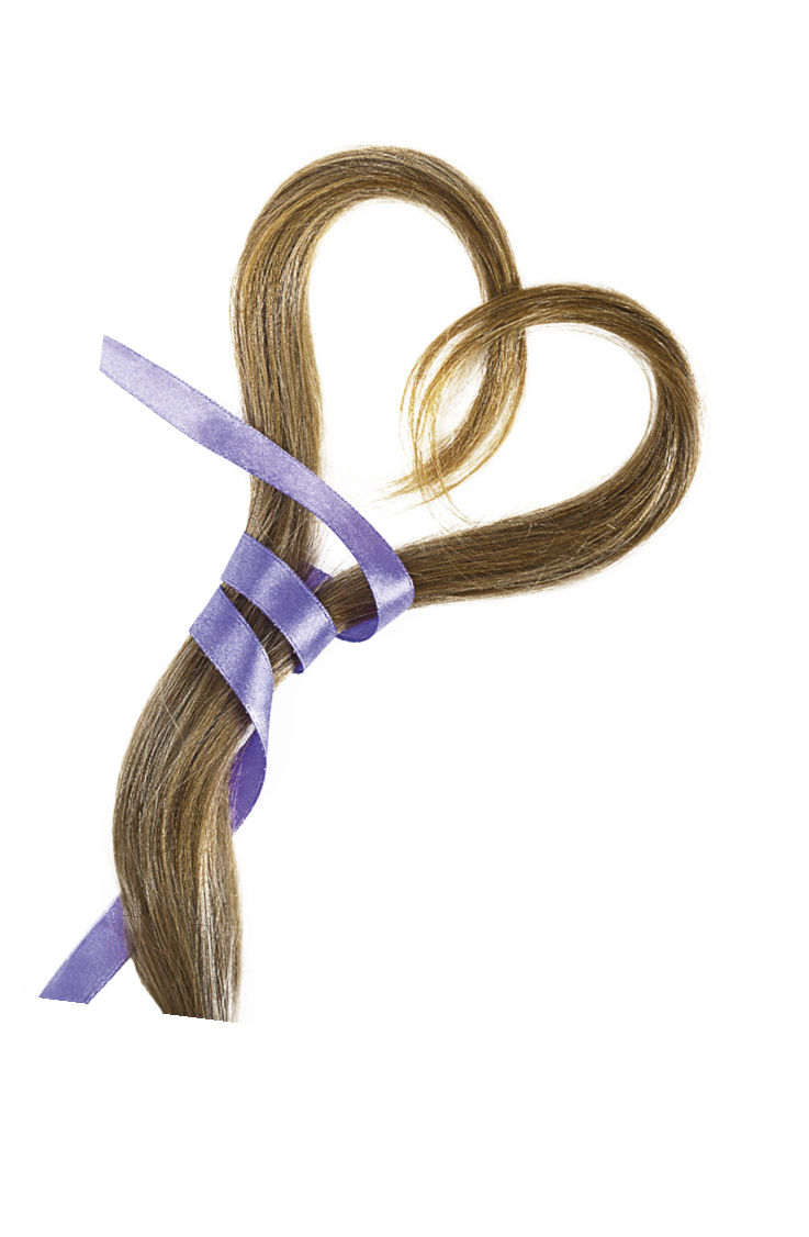 long blond hair donation put like heart with lavender ribbon as symbol of fight against cancer on white background  Top view  Natural material for making wig for patients  Vertical, isolated 