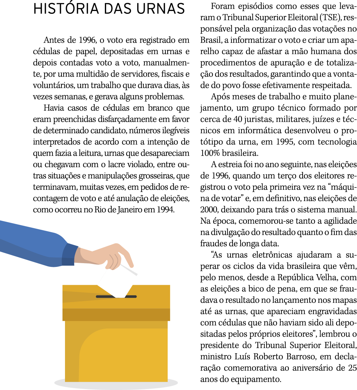 História das Urnas Antes de 1996, o voto era registrado em cédulas de papel, depositadas em urnas e depois contadas v   