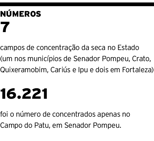 NÚMEROS 7 campos de concentração da seca no Estado (um nos municípios de Senador Pompeu, Crato, Quixeramobim, Cariús    