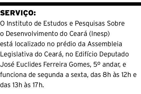 SERVIÇO: O Instituto de Estudos e Pesquisas Sobre o Desenvolvimento do Ceará (Inesp) está localizado no prédio da Ass   