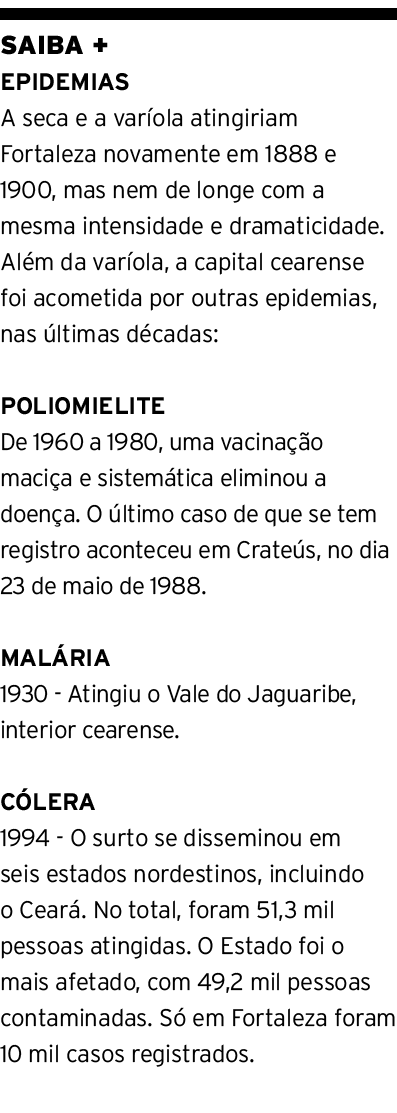 SAIBA + EPIDEMIAS A seca e a varíola atingiriam Fortaleza novamente em 1888 e 1900, mas nem de longe com a mesma inte   