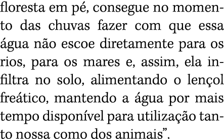 floresta em pé, consegue no momento das chuvas fazer com que essa água não escoe diretamente para os rios, para os ma   