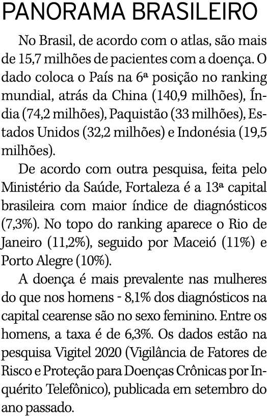 PANORAMA BRASILEIRO No Brasil, de acordo com o atlas, são mais de 15,7 milhões de pacientes com a doença  O dado colo   