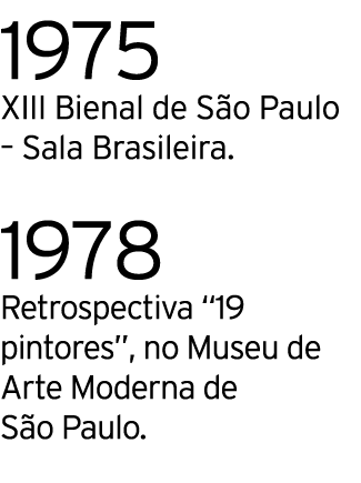 1975 XIII Bienal de S o Paulo – Sala Brasileira. 1978 Retrospectiva “19 pintores”, no Museu de Arte Moderna de S o Pa...
