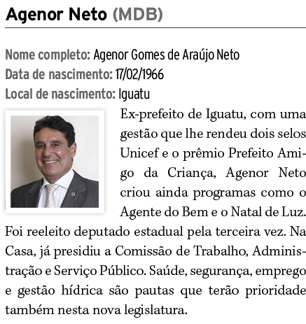 Agenor Neto (MDB) Nome completo: Agenor Gomes de Ara jo Neto Data de nascimento: 17/02/1966 Local de nascimento: Igua...