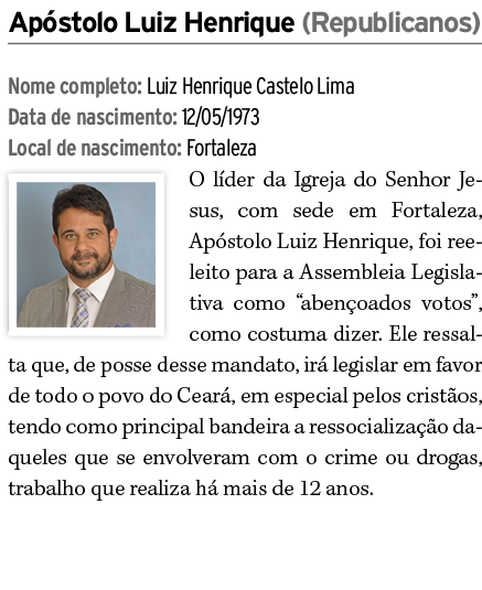 Ap stolo Luiz Henrique (Republicanos) Nome completo: Luiz Henrique Castelo Lima Data de nascimento: 12/05/1973 Local ...