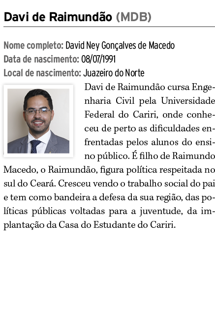 Davi de Raimund o (MDB) Nome completo: David Ney Gon alves de Macedo Data de nascimento: 08/07/1991 Local de nascimen...