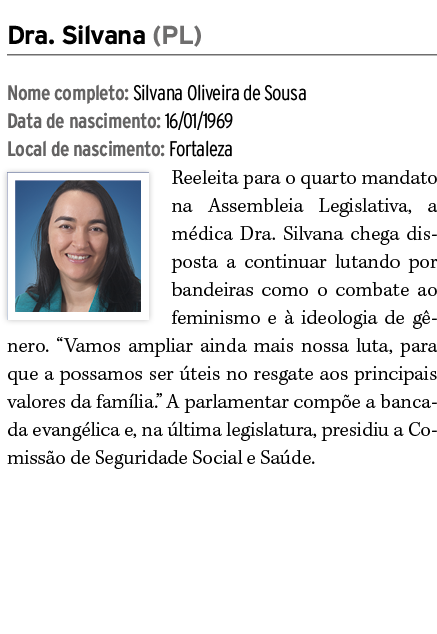 Dra. Silvana (PL) Nome completo: Silvana Oliveira de Sousa Data de nascimento: 16/01/1969 Local de nascimento: Fortal...