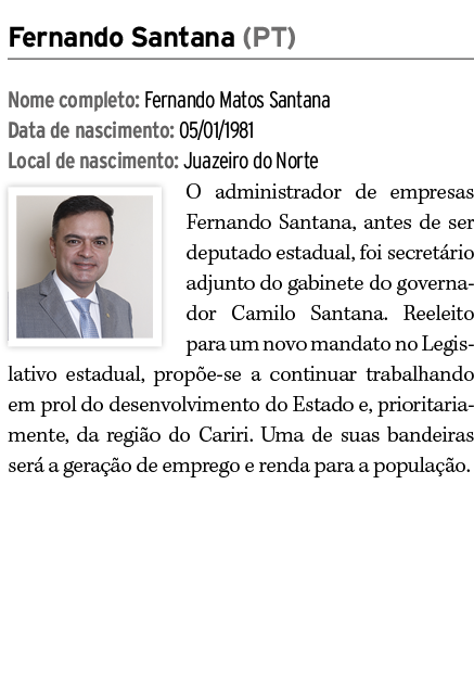 Fernando Santana (PT) Nome completo: Fernando Matos Santana Data de nascimento: 05/01/1981 Local de nascimento: Juaze...