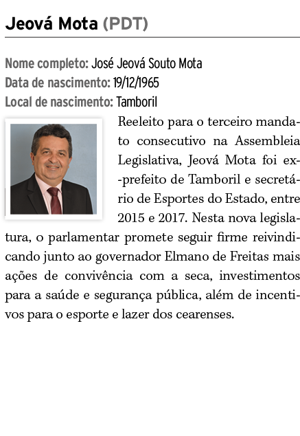 Jeov Mota (PDT) Nome completo: Jos  Jeov  Souto Mota Data de nascimento: 19/12/1965 Local de nascimento: Tamboril ￼R...