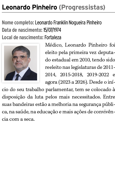 Leonardo Pinheiro (Progressistas) Nome completo: Leonardo Franklin Nogueira Pinheiro Data de nascimento: 15/07/1974 L...