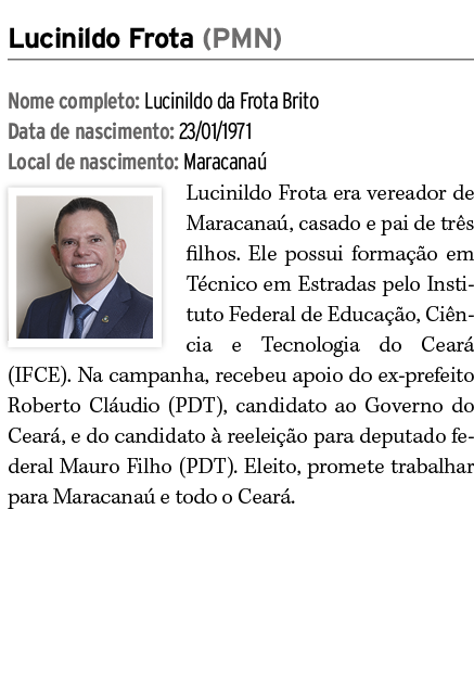 Lucinildo Frota (PMN) Nome completo: Lucinildo da Frota Brito Data de nascimento: 23/01/1971 Local de nascimento: Mar...