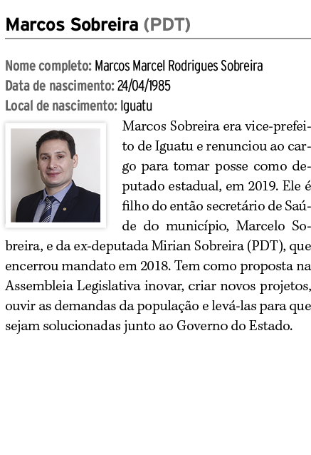 Marcos Sobreira (PDT) Nome completo: Marcos Marcel Rodrigues Sobreira Data de nascimento: 24/04/1985 Local de nascime...