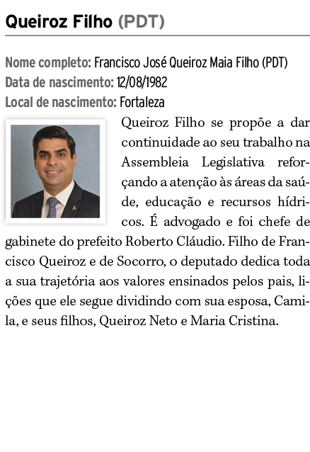 Queiroz Filho (PDT) Nome completo: Francisco Jos Queiroz Maia Filho (PDT) Data de nascimento: 12/08/1982 Local de na...