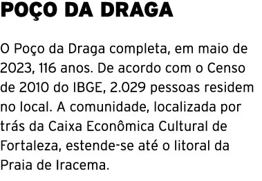 PO O DA DRAGA O Po o da Draga completa, em maio de 2023, 116 anos. De acordo com o Censo de 2010 do IBGE, 2.029 pesso...