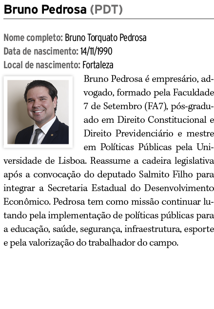 Bruno Pedrosa (PDT) Nome completo: Bruno Torquato Pedrosa Data de nascimento: 14/11/1990 Local de nascimento: Fortale...