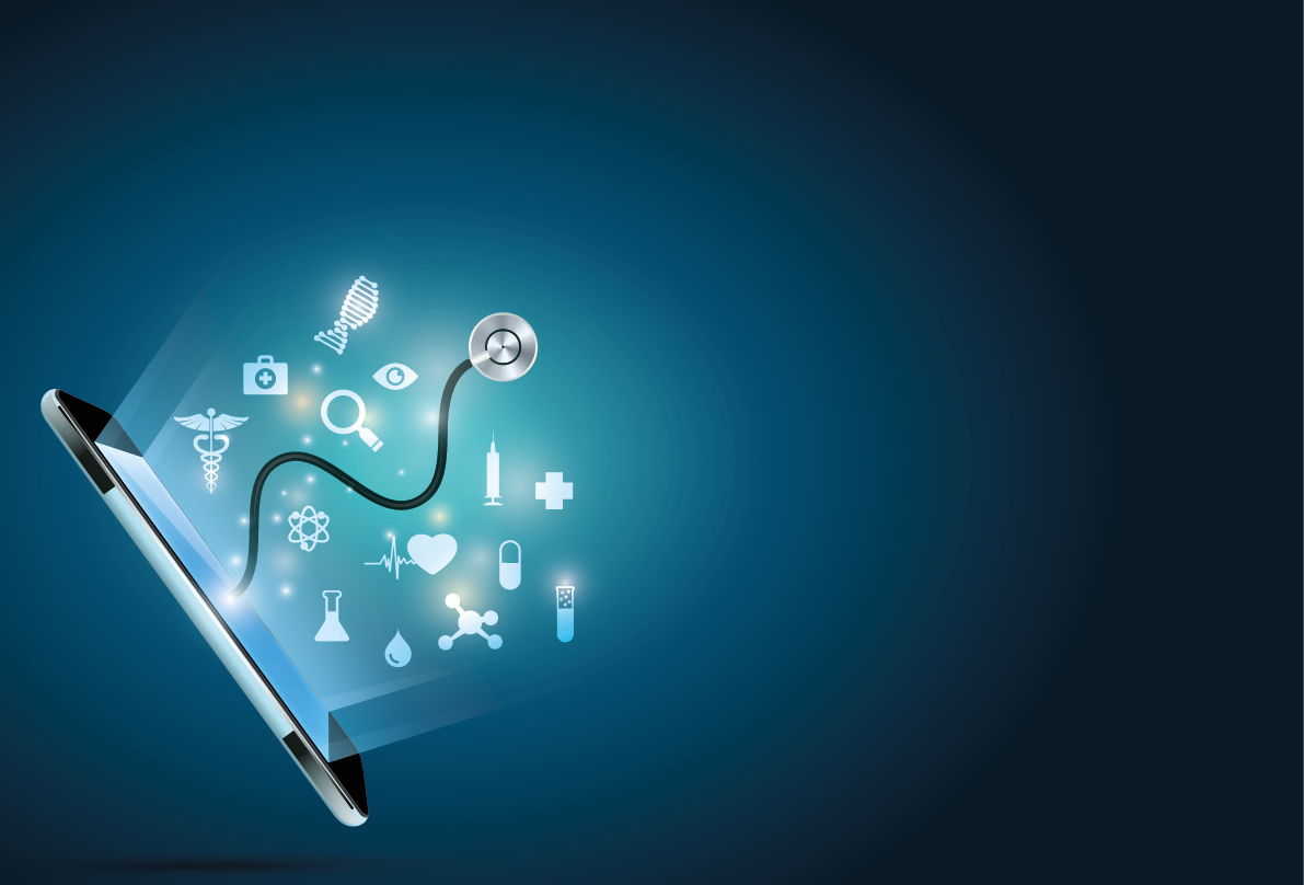 concept of electronic health or e-health, graphic of realistic smart device with stethoscope reaching out from the screen