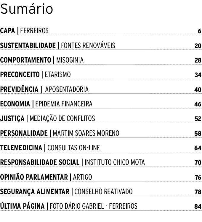Sum rio CAPA | FERREIROS 6 SUSTENTABILIDADE | FONTES RENOV VEIS 20 COMPORTAMENTO | MISOGINIA 28 PRECONCEITO | ETARISM...